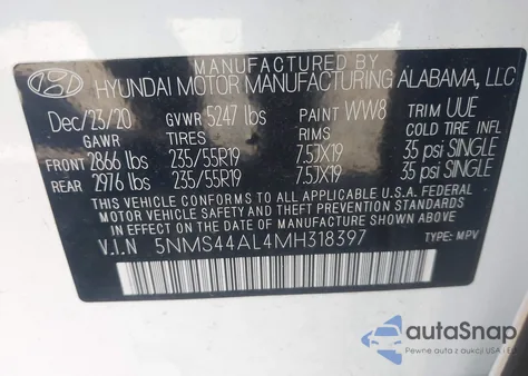 2021 Hyundai Santa Fe Limited из США, поврежденный, VIN 5NMS44AL4MH318397